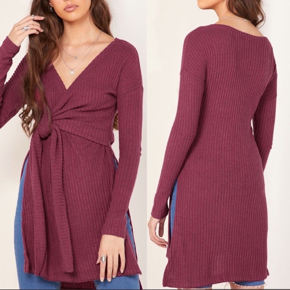 Free People Burgundy Long Sleeve V Neck Tunic Top Wrap Tie
